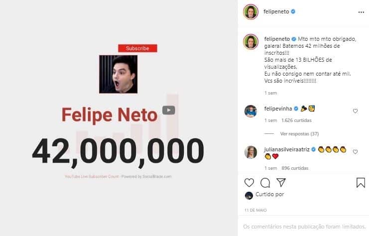 Post de comemoração do Felipe Neto